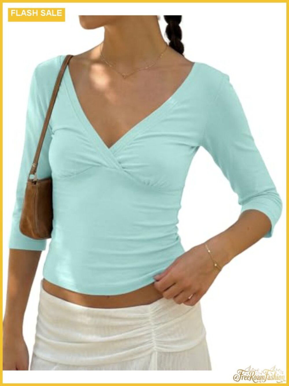 3/4 Sleeve V-Neck Crop Top Wrap Tee Open Back